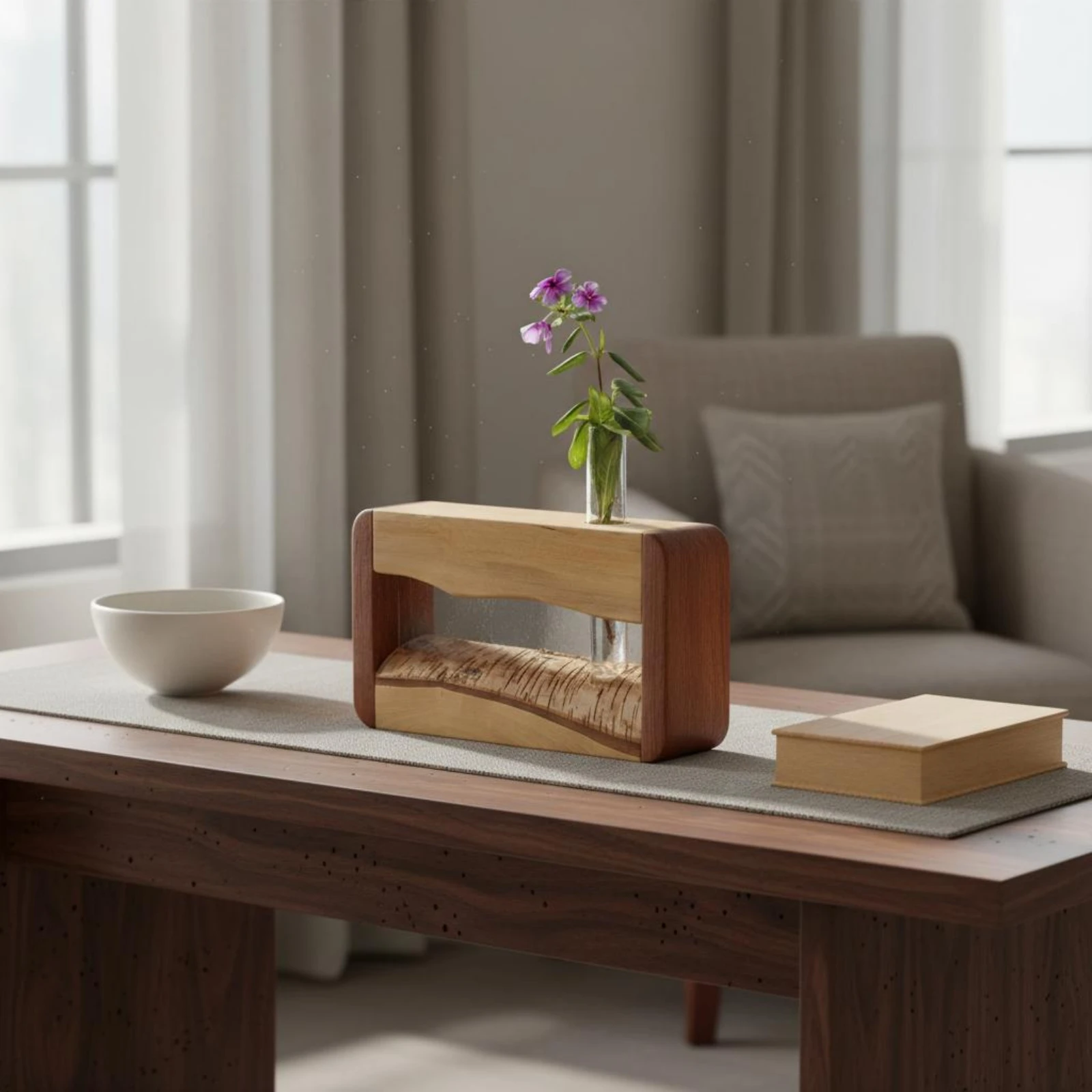 Glass Vase with Wood Stand Nordic Design Hydroponic Glass Vase Planter Plant Propagation Station with Wooden Stand Hand Polished