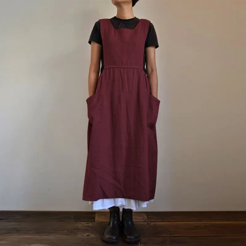 3 Color Oversized S-5XL Loose Cotton Linen Apron Midi Dress For Women Casual Pocket Homewear Solid Color Kitchen Uniform