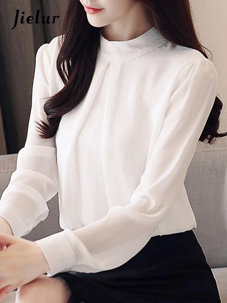 Jielur New Solid Color Slim Ladies Women Blouse Casual Fashion Elegant Blouse Woman Black and White Long Sleeve Chiffon Top