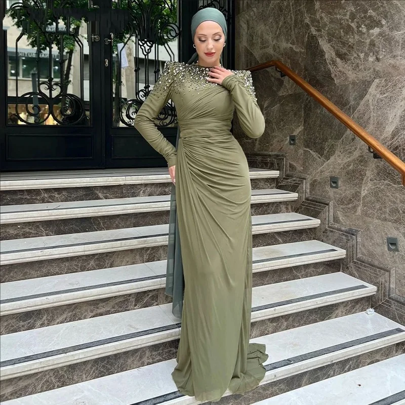 

Olive Green Elegant Round Neckline Prom Dress Shiny Rhinestones Prom Gown Long Sleeves Mermaid Evening Dresses Customized