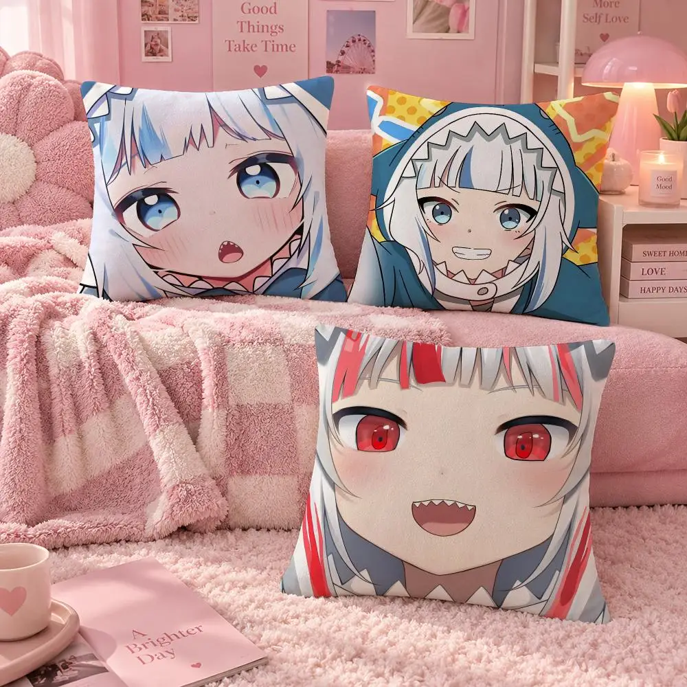 VTuber Cute Shark Gawr Gura Cushion Cover Soft Throw Pillow Cover Washable Plush Cushion Case for Sofa Bed Living Room