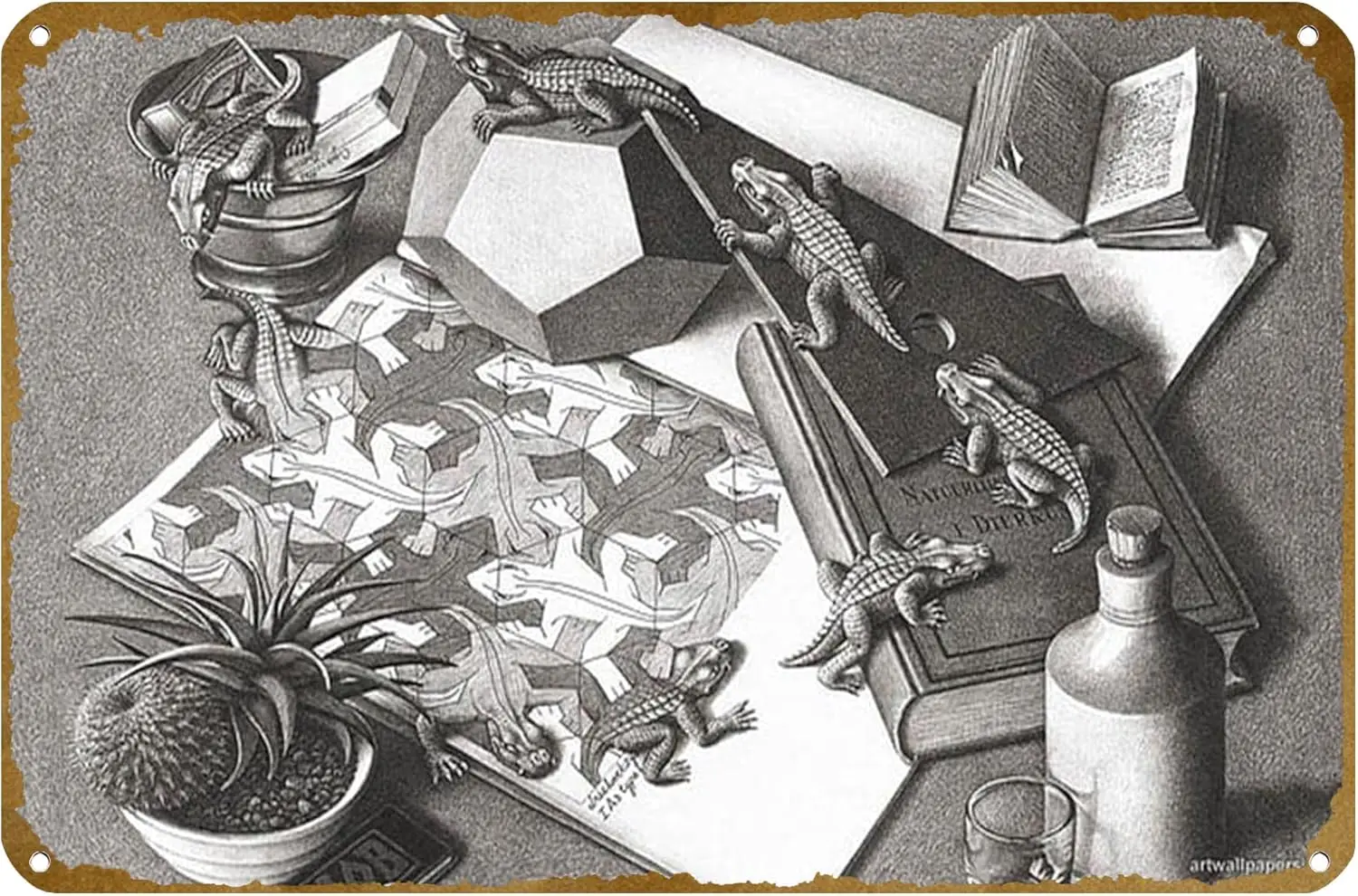KNIOIL Artwork, optical illusion, drawing, M. C. Escher, monochrome Poster Vintage Metal Tin sign Logo Family Club Bar Cafe sign
