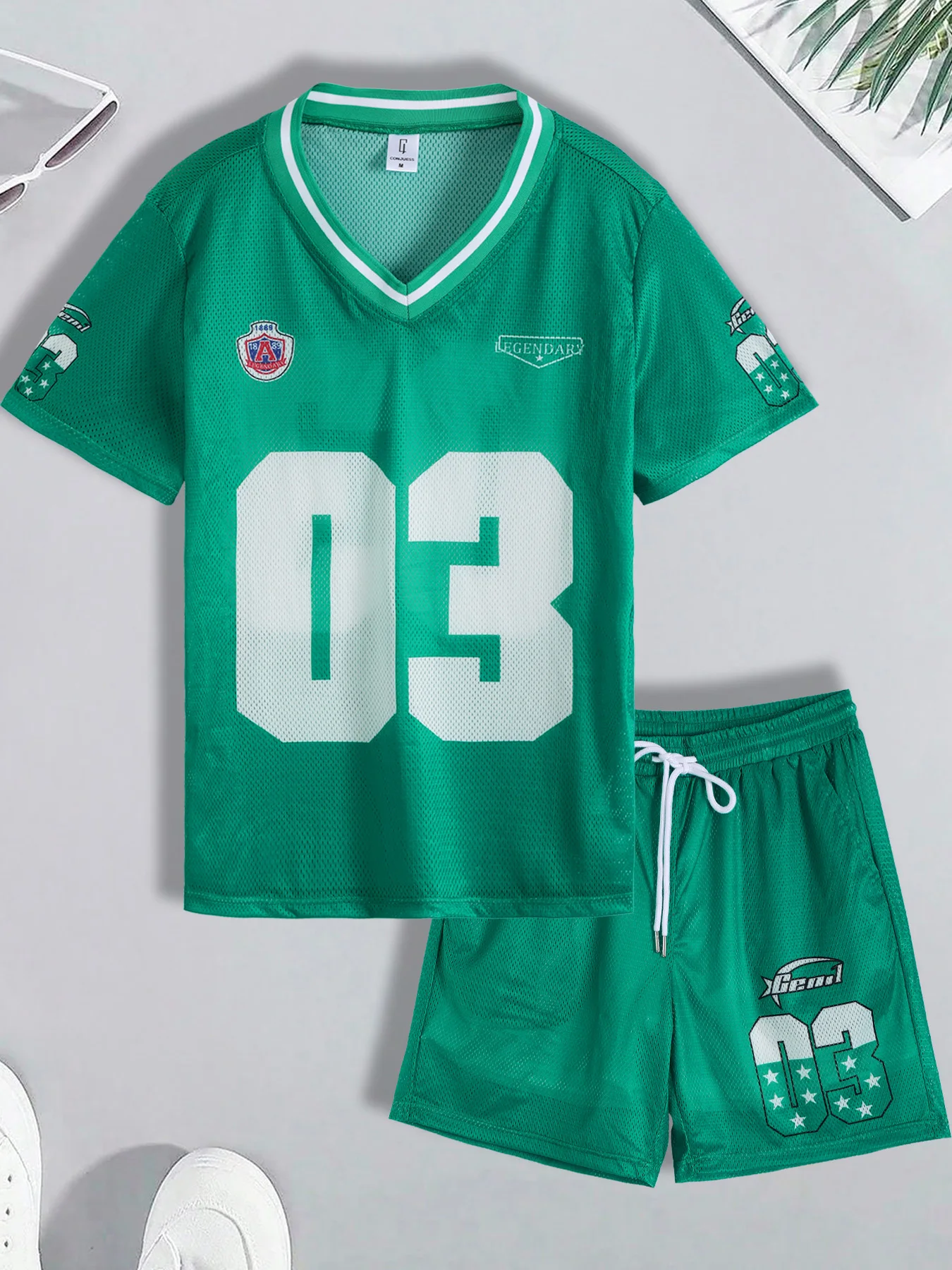 

Men's Green Mesh Sport Set 2 Piece V-Neck Number 03 Print Short Sleeve & Drawstring Shorts Outfit
