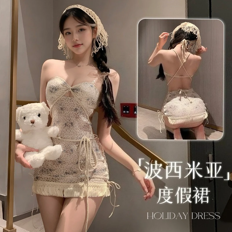 

Japanese Student Dress Printed Flowers Nightgowns Vacation Beach Sexy Lingerie Pajamas Female Small Breasts Nightdress Uniform