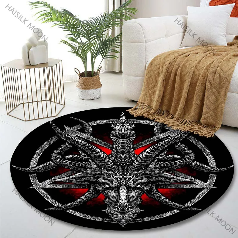 1PC Goat head, pentagram background Print Round Carpet for Living Room Bedroom Sofa Table Floor Mat Area Rug Luxury Gift