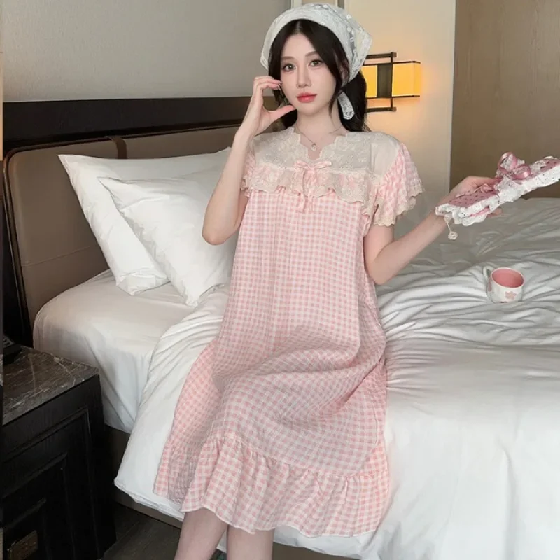 110KG 5XL Plus Size Womens Home Dress Loose Princess Sleepshirt Japanese Students Plaid Nightgown Ladies Short Sleeve Loungewear