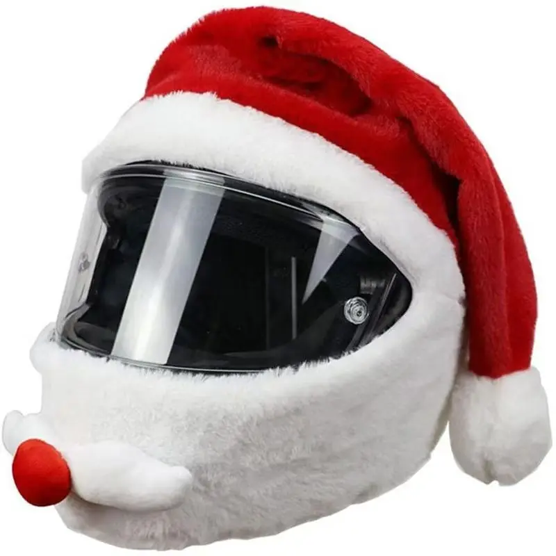 Christmas Santa Helmet Cover Plush Motorcycle Helmet Hat, Windproof Full Face Helmet Decor, Santa Claus Costume Headgear for Cyc
