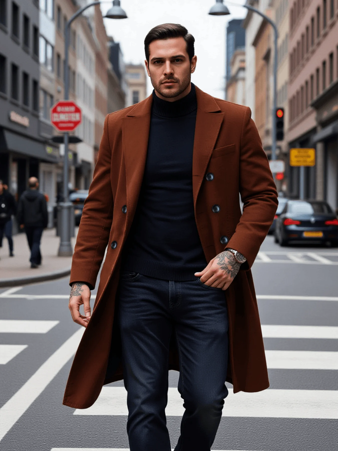 معطف واق من المطر مزدوج الصدر للرجال جديد للخريف والشتاء من الصوف السميك المقاوم للرياح