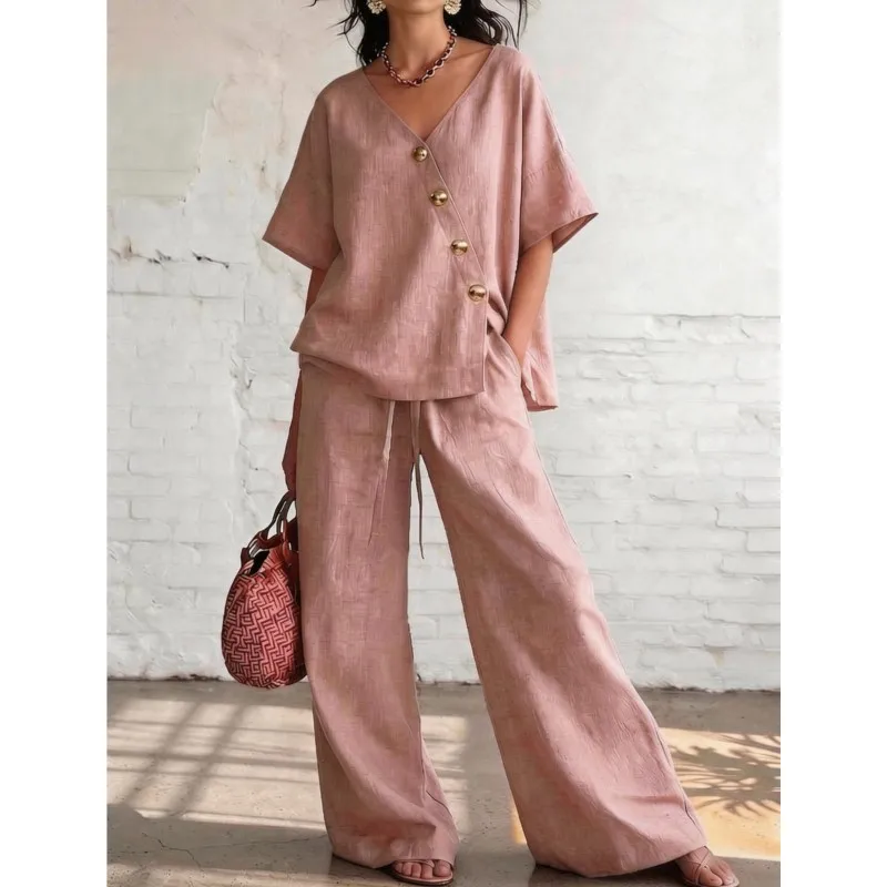 Casual Comfortable 2 Piece Set For Women Summer Short Sleeve V-neck Button up Tops + Wide Leg Pant Pants Set Summer 2026 Outfits