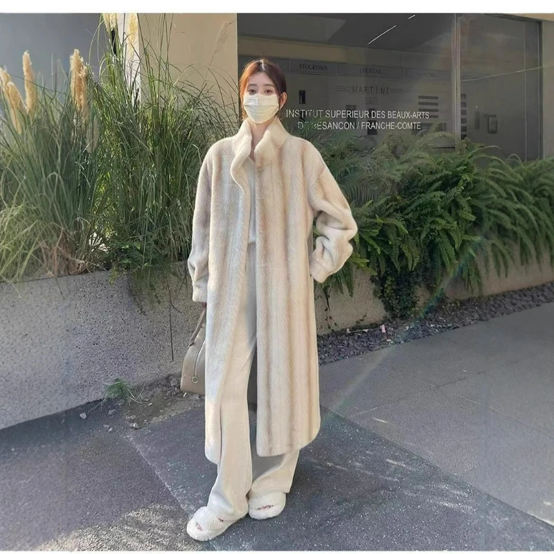 New Style American Retro Eco-friendly Fur Coat Stand-up Collar Thickened Women High-end Knee-length Overcoat  2026 Autumn/Winter