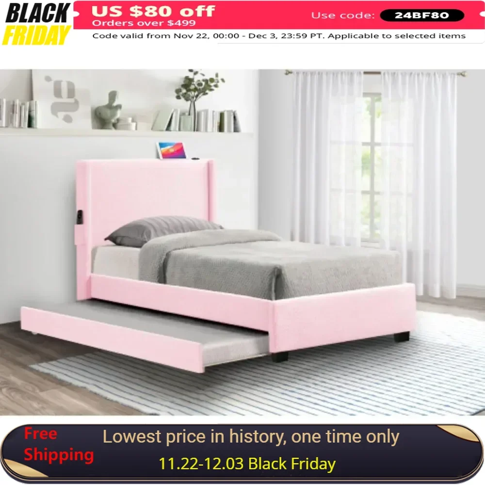 Twin Size Bed Frame with Removable Trundle，USB Functionality, Single Bed，Bedroom Furniture，No Box Spring Required，Bed Frame