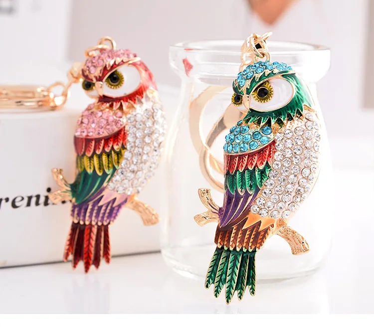 Cute Rhinestone Crystal Owl Bird Parrot Keychain Animal Key Chain Key Ring Holder Pendant Keyring