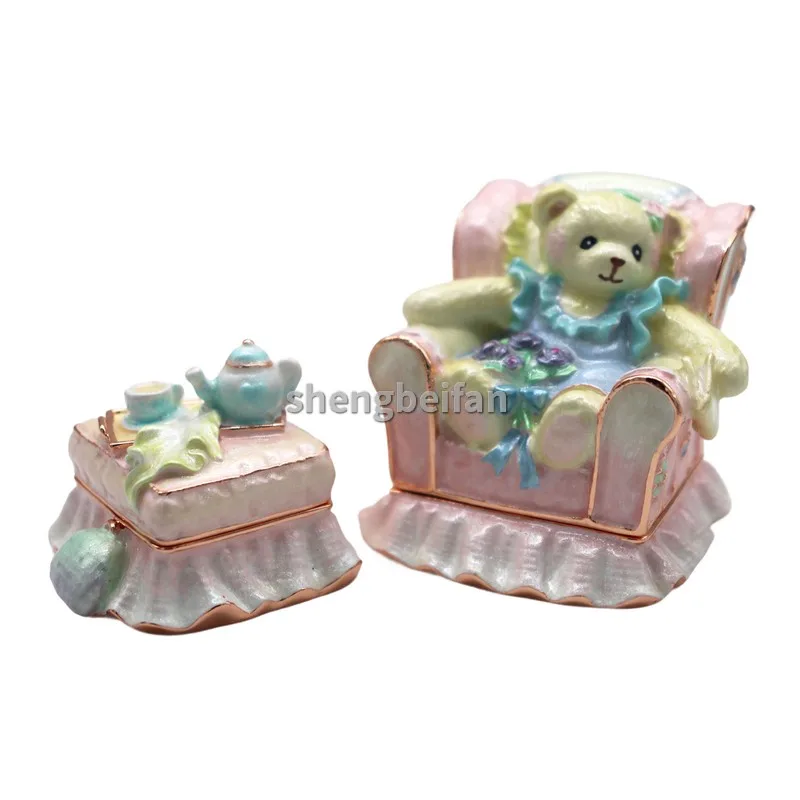 المعادن الحرفية المينا زخرفة الدب طاولة شاي صندوق مجوهرات الديكور هدية عيد ميلاد حلية صندوق للمنزل ديكور قلادة خواتم القرط