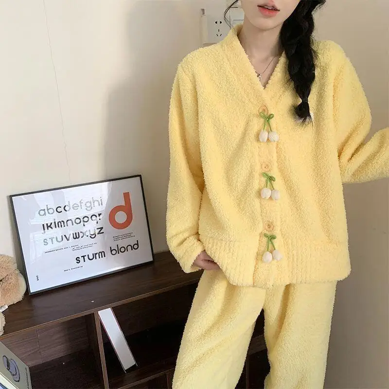 Модная домашняя одежда, полуфланелевая одежда для сна для женщин, пижамный комплект, бархатный утепленный коралловый бархат с милым цветком, домашний костюм, пижамные комплекты