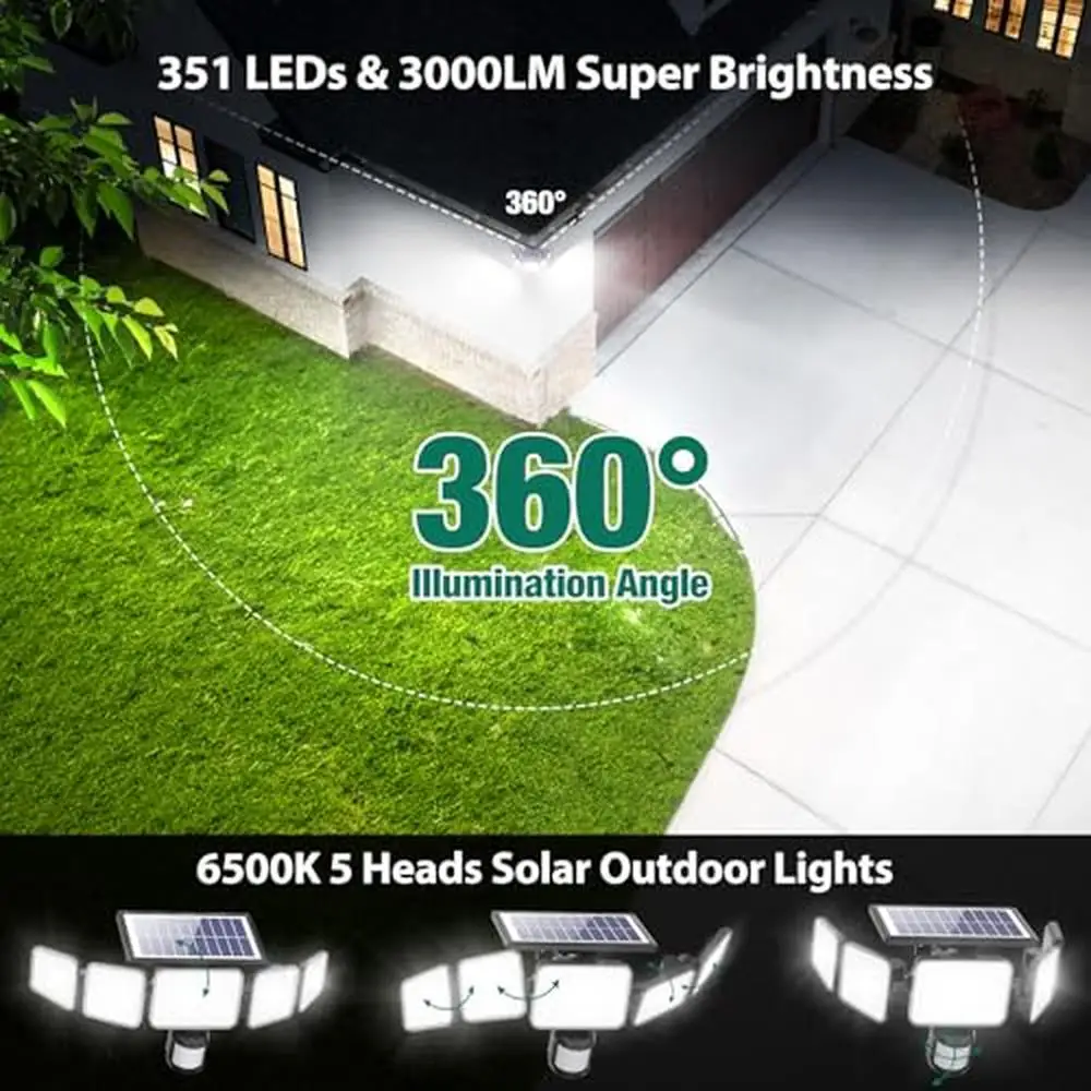 Adjustable 5-Head Solar Security Lights 3000LM 318 LED Motion Sensor Waterproof Outdoor Lighting