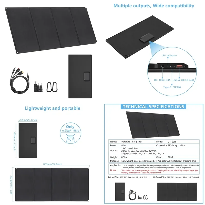 Ultra Light Weight 60W HPBC Cell ETFE Integrated Lamination Portable Foldable Solar Panel Charger USB QC24W Type-C 45W DC 18V