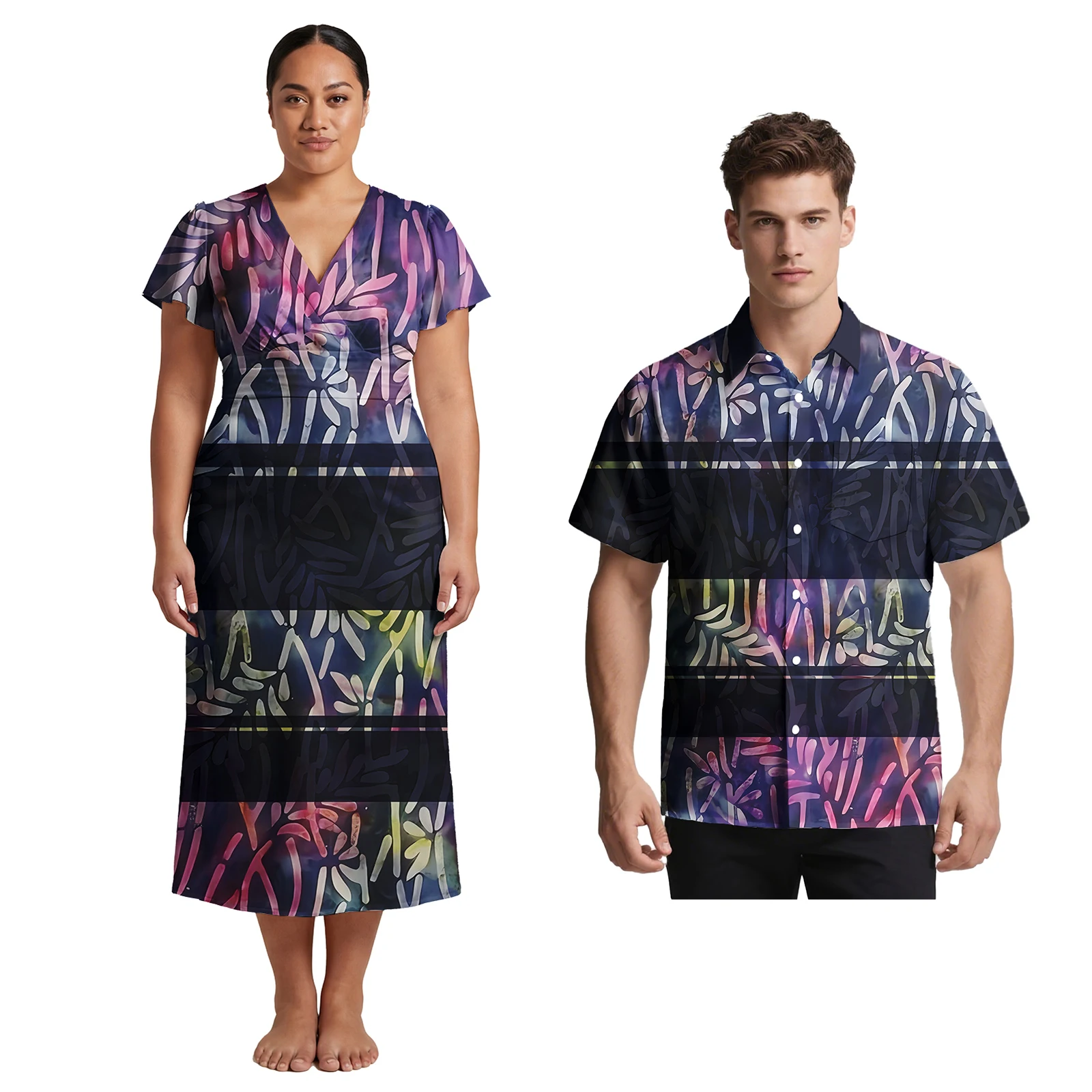 Boutique Clothing for Couple Samoan Men Pocket Shirts Hawaiian Ruffle Sleeve Women Dress Polynesian Custom Beach Couple of Set