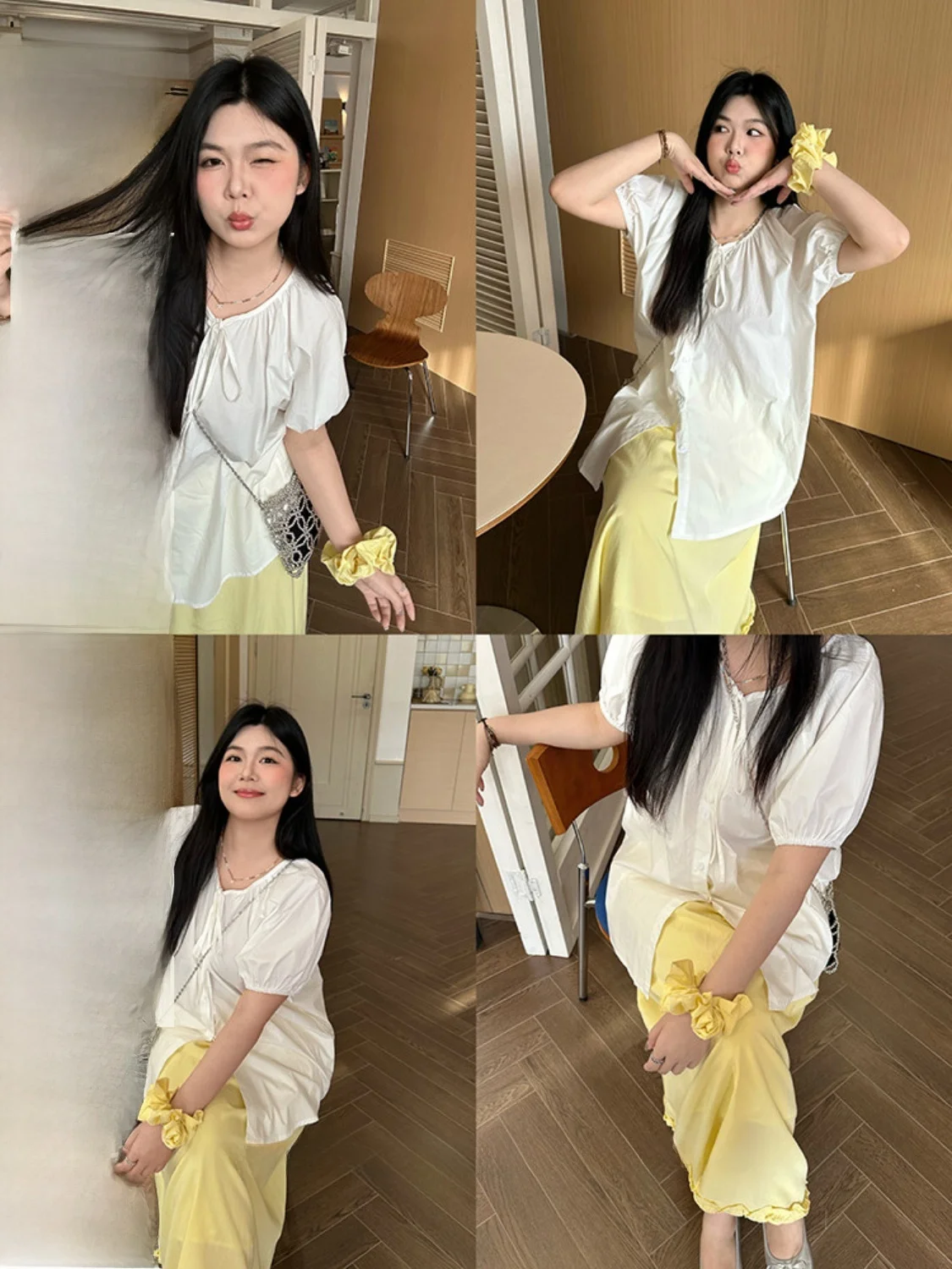 

NINI ONE Sweet Sle Bubble Sve Loose ort Sve Summer irt Slimming Pure Color Meat Concealing Top for Plump Women
