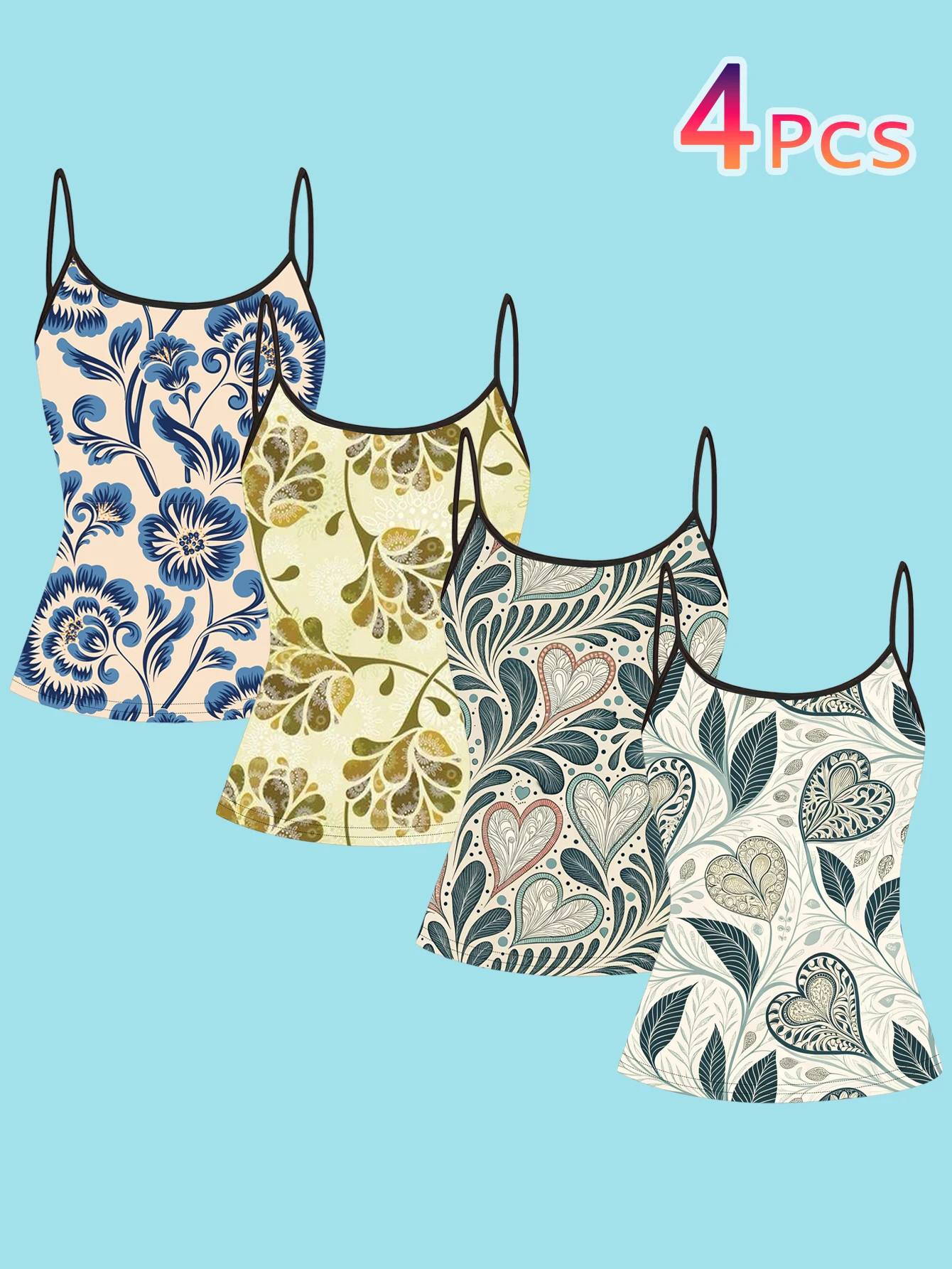 4-Piece Set of Women's Fresh Retro Floral Heart Print Spaghetti Strap Camisole Slim Fit Base Layer Tops