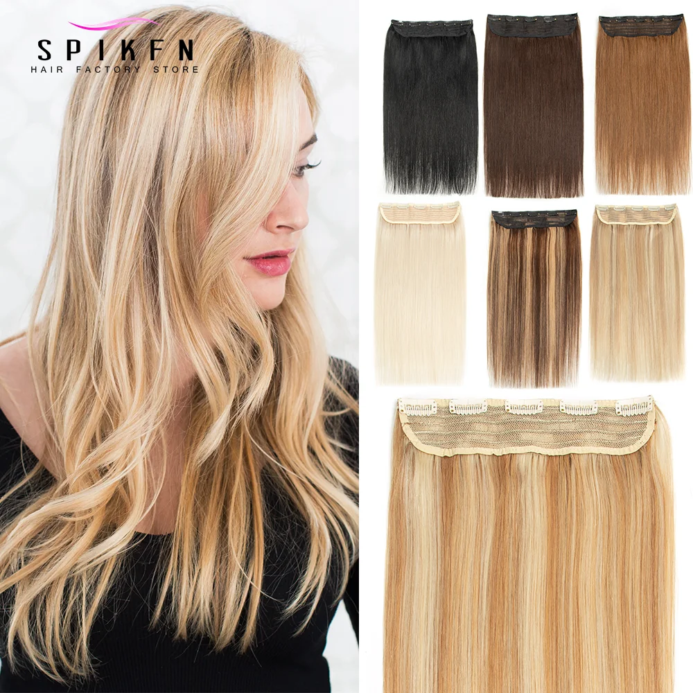 

SPIKFN Natural Straight Remy Human Hair Extensions 14-22 Inch Machine Made Lace Weft Clip-In One Piece with 5 Clips