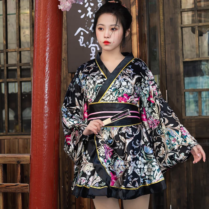 

Women's New Japanese Style Kimono Uniform Flower Printing Batwing Sleeve V-Neck Dress