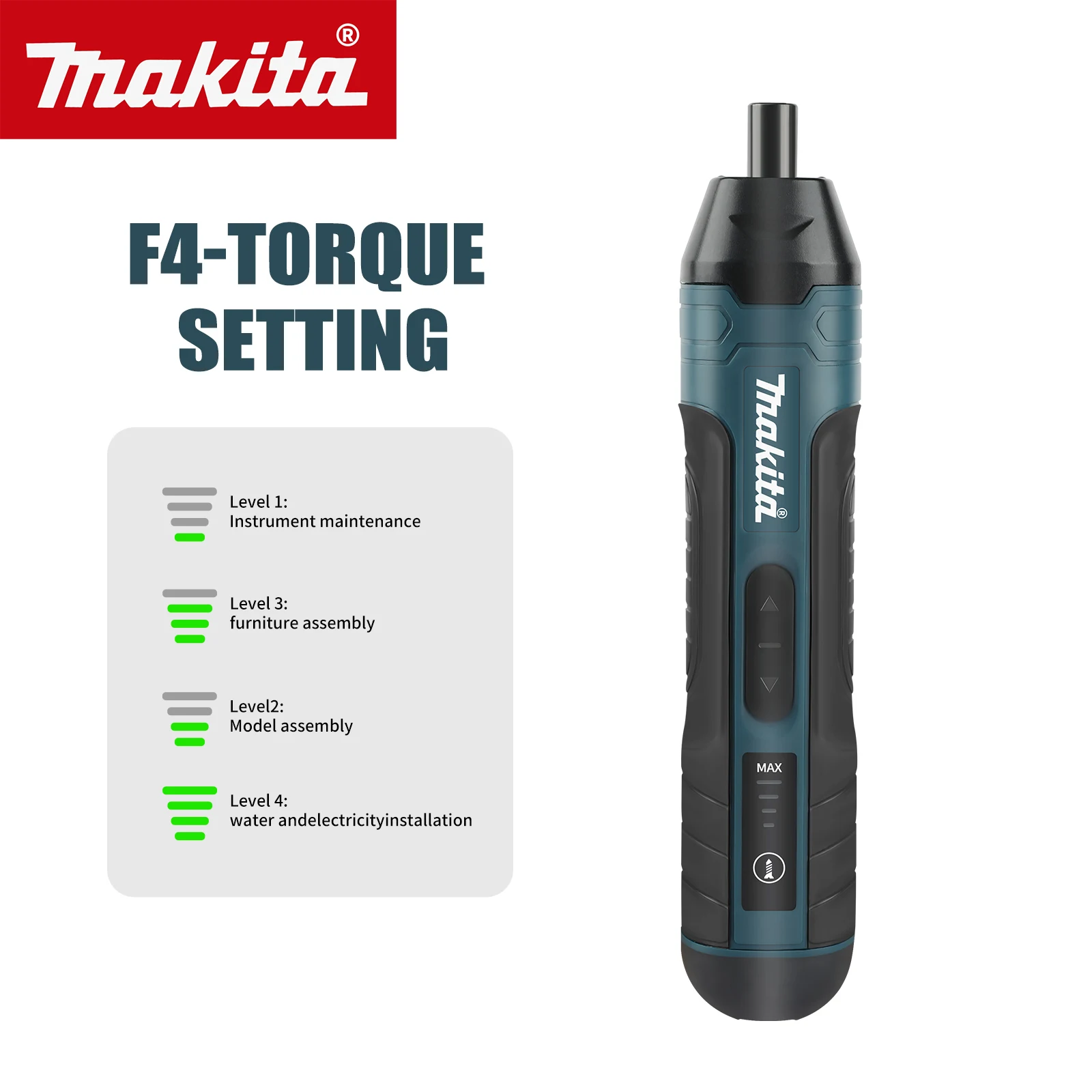 

Makita 3.6V Cordless Screwdriver: 5N.m Torque, 4-Speed,USB Charging for Home DIY,Furniture Assembly&Small Screw Tightening Tasks