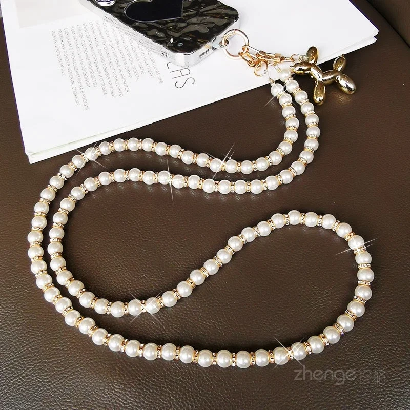 Long Crossbody Balloon Dog Pearl Clip Diamond Lanyard Mobile Phone Lanyard Long Neck Chain Women's Universal Bag Chain Lanyard