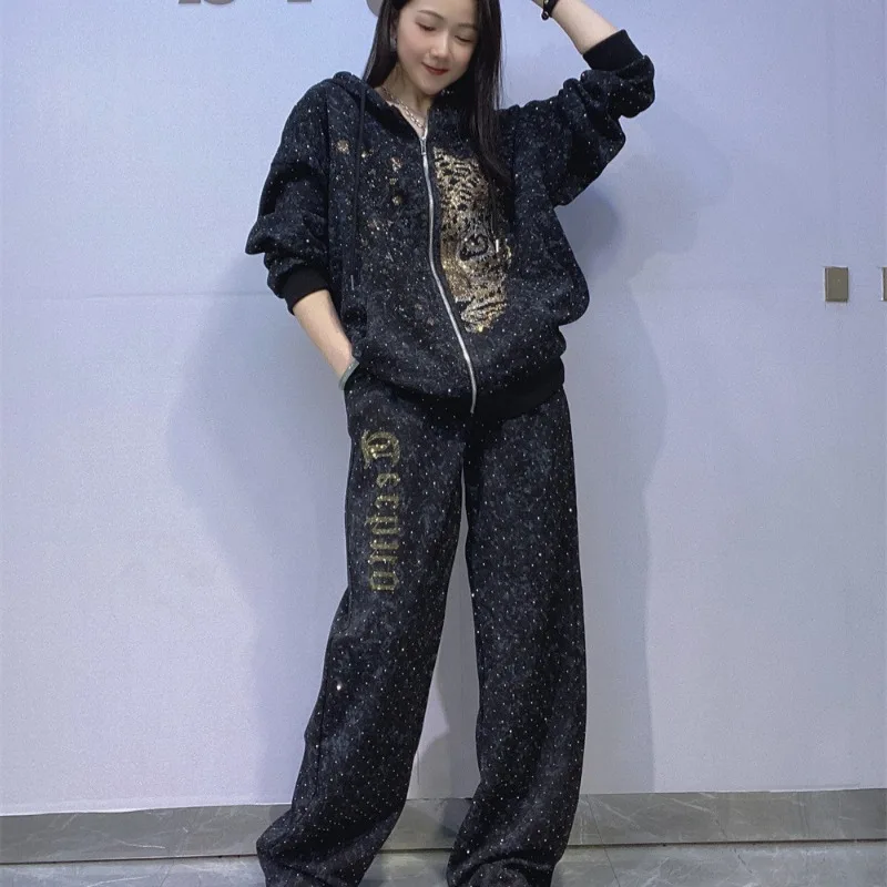 Cárdigan con cremallera Tie-dye, sudadera, traje para mujer, taladros de diamantes de otoño, pantalones informales de pierna recta, ropa deportiva para exteriores, conjunto de dos piezas