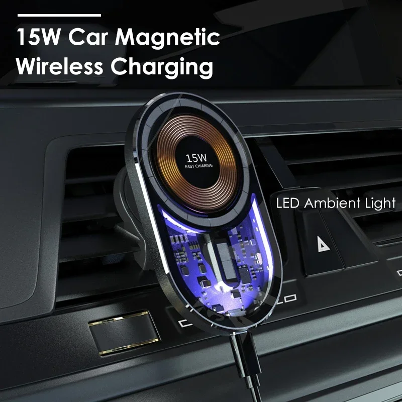 

MagsafeLED Transparent Case Car Phone Holder Suitable for Mobile Phones 14 13 12 Pro Max15W Fast Charging Wireless Charger