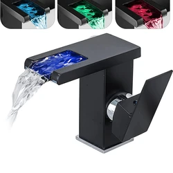 Grifo de lavabo de baño de cascada negra, grifo de lavabo de cobre luminoso LED, 3 colores que cambian la temperatura, grifo mezclador de agua caliente y fría para inodoro