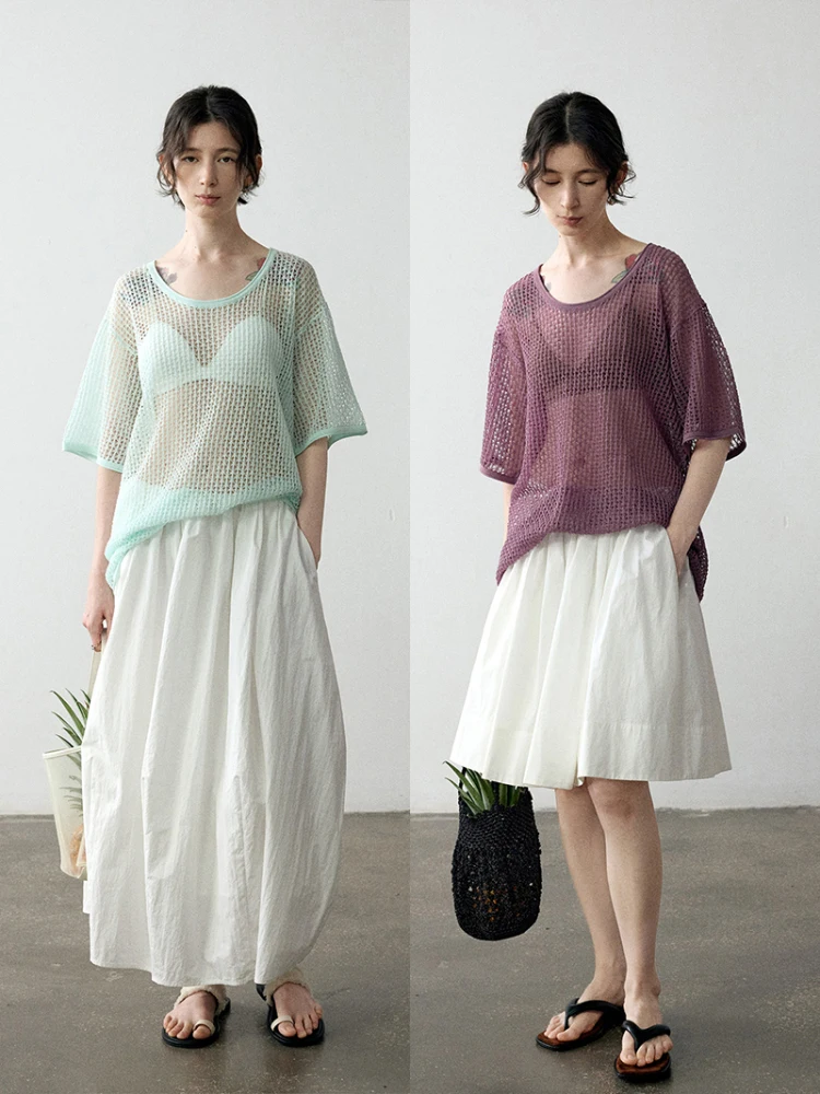 

TINNTINN Linen Fiber Bal Knitted ort Sve Hollow out Top Loose Fit Casual Sle Summer Outerwear Cover up