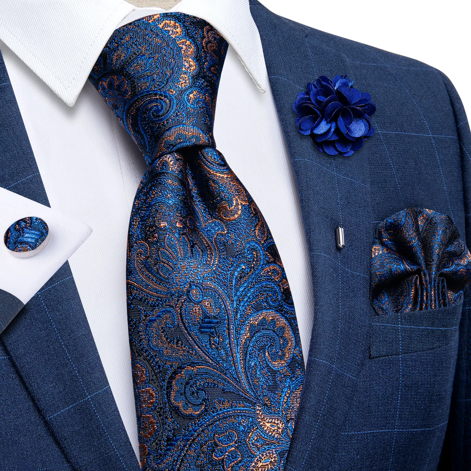 

Luxury Blue Gold Paisley Silk Ties For Men Wedding Accessories Neck Tie Set Handkerchief Cufflinks Brooch Pin Gift For Men