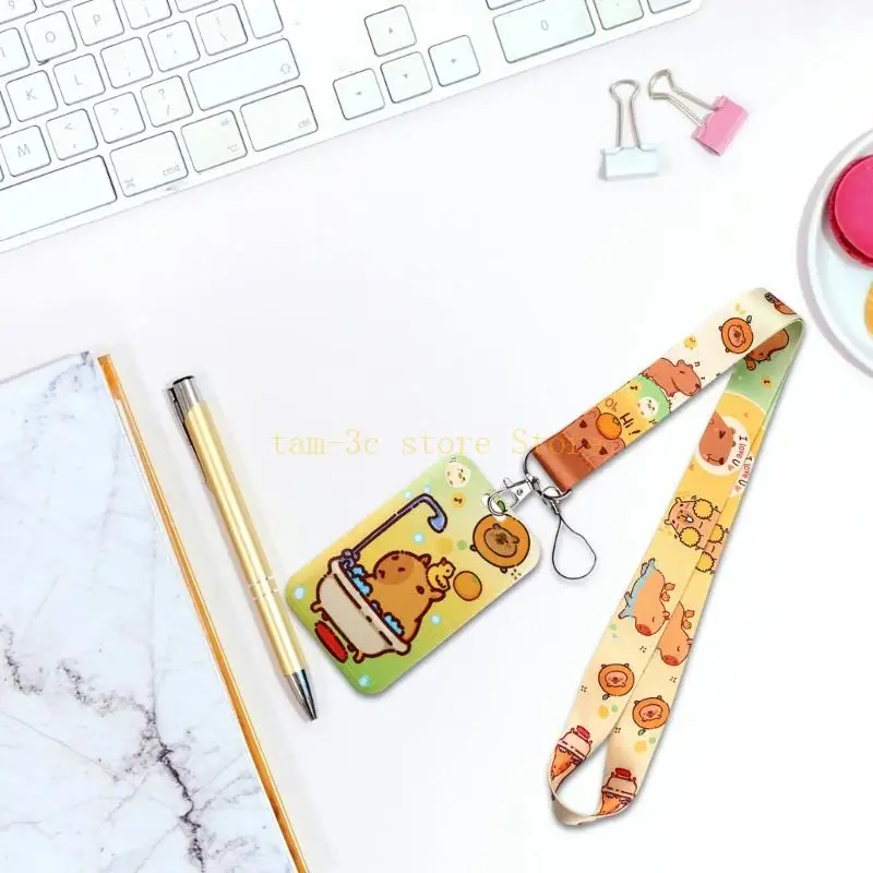 สายคล้องคอที่สวยงาม การ์ตูน Capybara ผู้ถือบัตร เชือกคล้องคอ เชือกเส้นเล็กสีสันสดใส D0UA