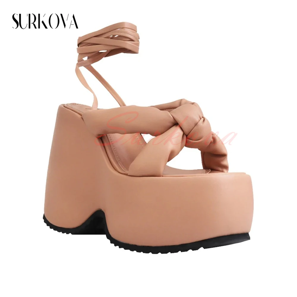 Fashion Cross-Wrap Platform Wedge Sandals Candy Solid Round Toe Chunky High Heel Sandals Women's Casual Shoes 2023 Summer New