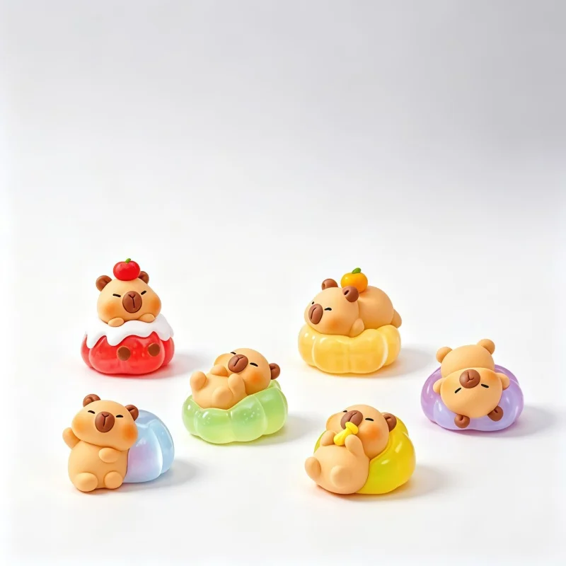 Cute resin mini dolls 6 transparent jelly base small dolls, cute fruit-themed table decorations, collection box toys