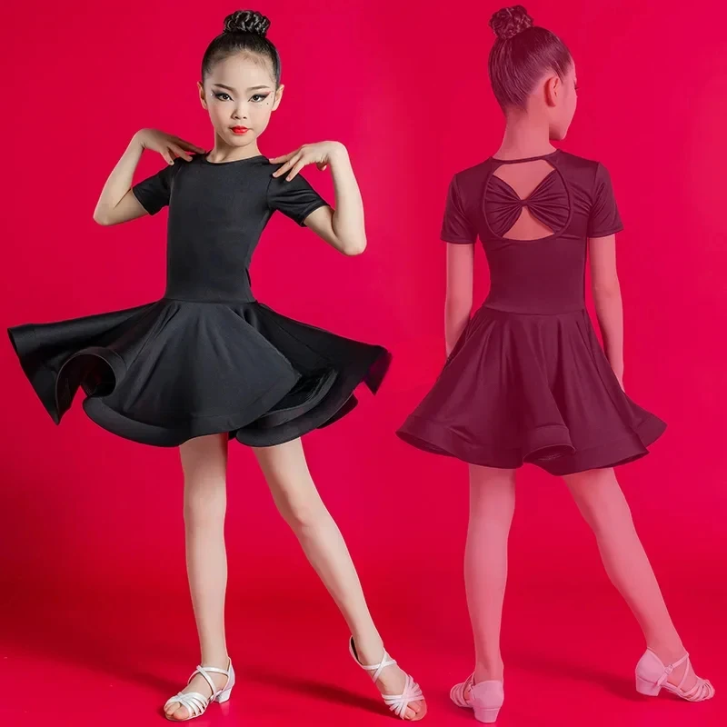 Girl Latin Dance Dress Ballroom Children Dance Costume Salsa Black Red Kids Tango Dresses Dancing Stage Performance Clothing
