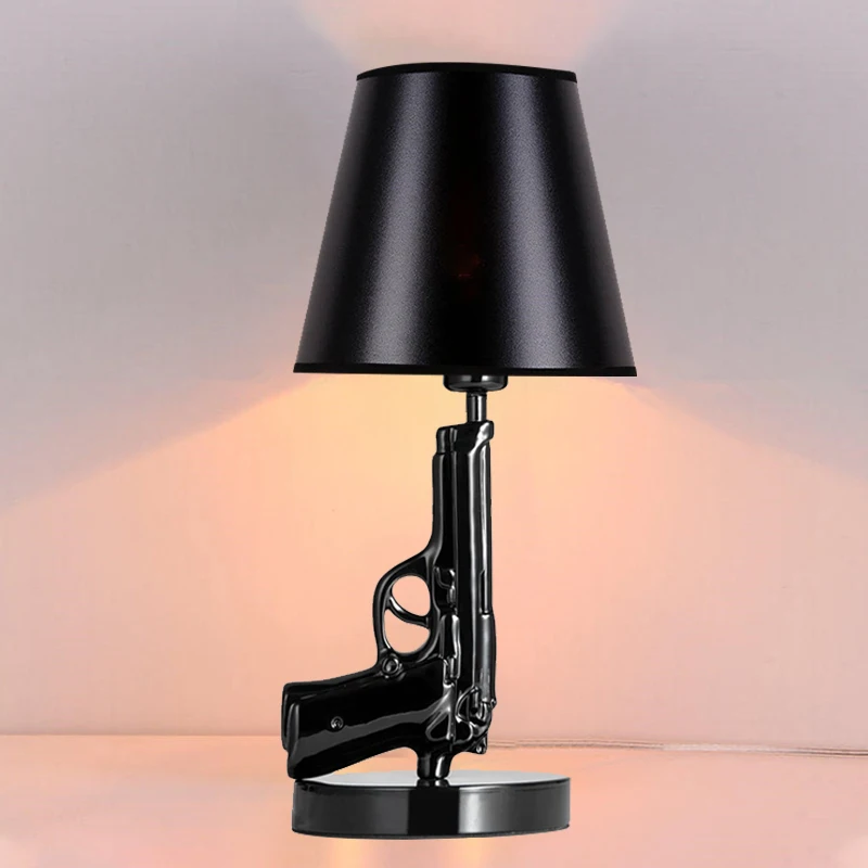 Modern Gun Table Lamp, Desk Lamp, Electroplated Handgun Body with Fabric Shade, Pistol Tabletop Lamp, Home Decor, Metal, Black