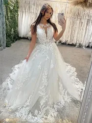 Boho Sheer O-neck Wedding Dresses Sleeveless Appliques Backless A-line Bridal Gown Elegant Vestido De Novia