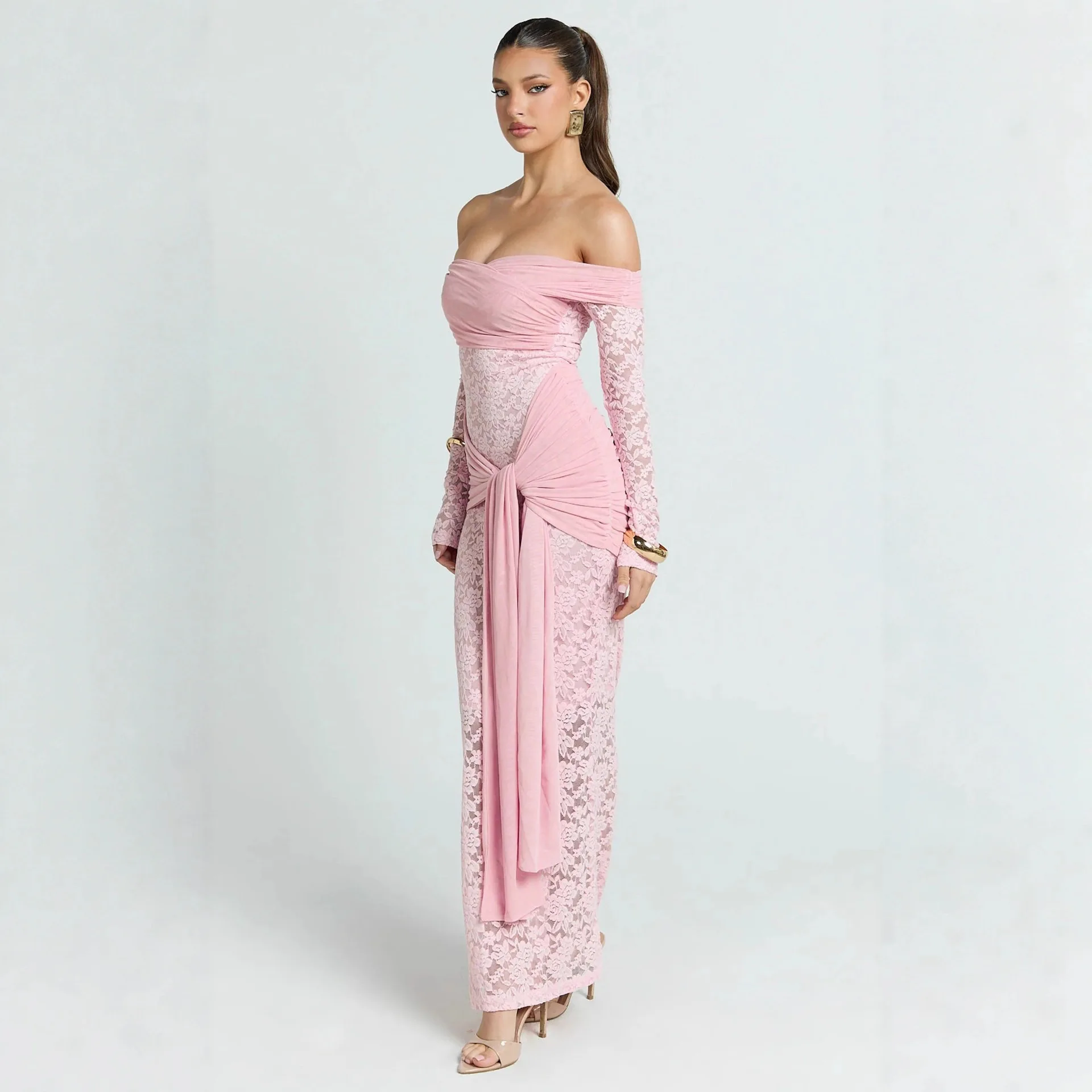 Apprabant 2025 outono inverno renda malha pura fora do ombro maxi vestido feminino manga longa magro bodycon elegante vestido sexy partywear