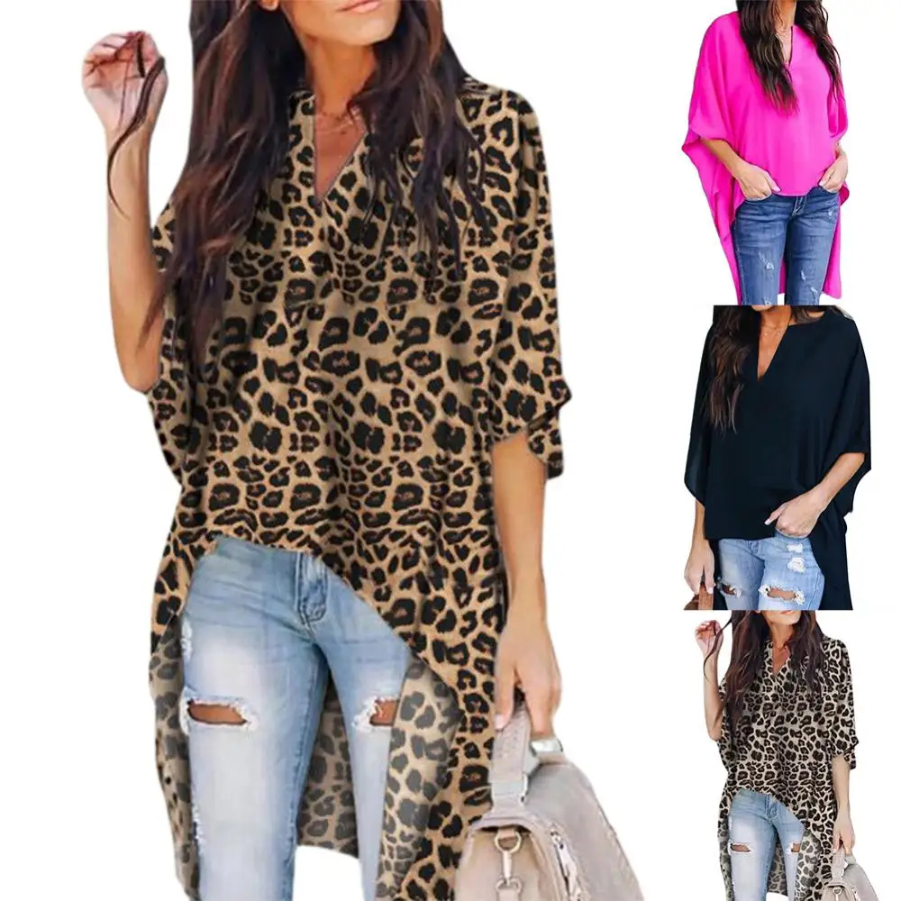 Women Leopard Irregular Blouse Short Front Long Back V-neck Long Sleeve Tops Fashion New Ladies Loose Shirts Autumn Spring