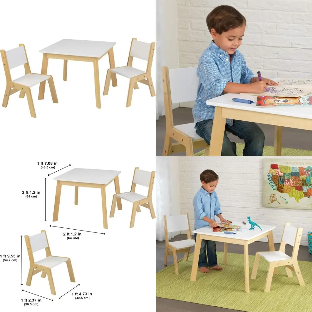 

Modern Wooden Kids Table and Chairs Set, White & Natural Finish, Perfect Gift for 3-8 Year Olds