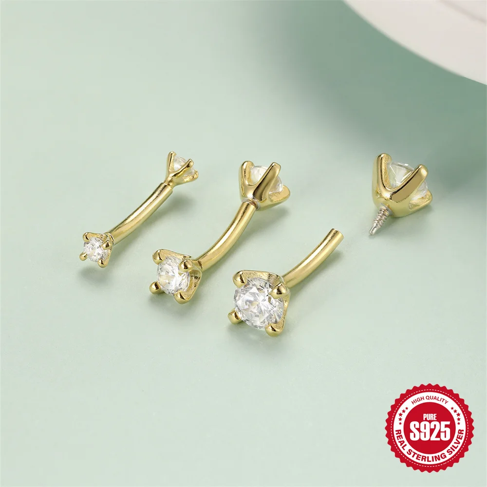 

AIDE Double Diamond Curved Barbell 925 Sterling Silver For Women Classic Four Claws Internally threaded Personality Jewelry