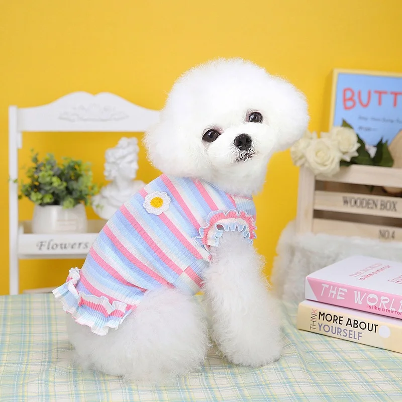 Summer Dog Clothes Pet Vest Dog Knitted Dresses Cooling Striped Dog T Shirt Chihuahua Bichon Clothing Kitten Puppy Dog Apparel