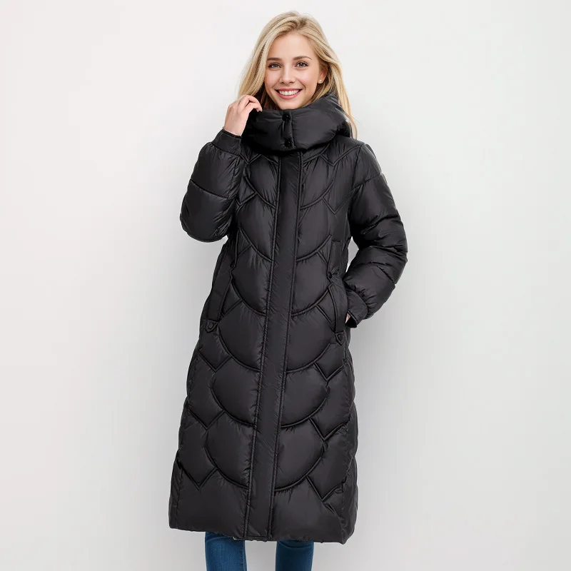 Wave Stitch Hooded Cotton Coat For Women Winter Over The Knee Thick Warm Jacket Female Pure Color Long Cotton Jacket For Women