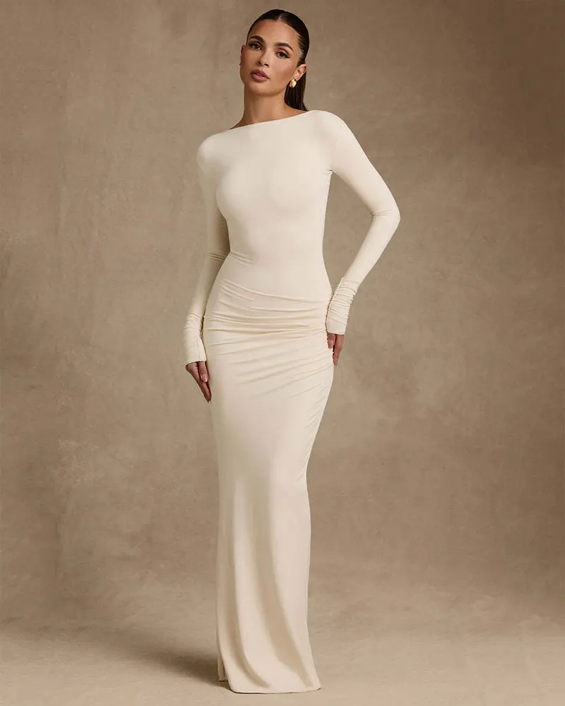 2025 Sexy Backless Bodycon Maxi Dress Women Comfortable Fashion Long Sleeve Draped Prom Outfits Elegant Club Party Long Dress