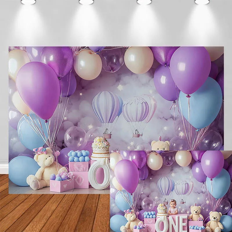 

LS Photography Background Purple Balloons Hot Air Balloon Little Bear 1st Decor Cake Smash Adult Kids Portrait Photo Backdrop