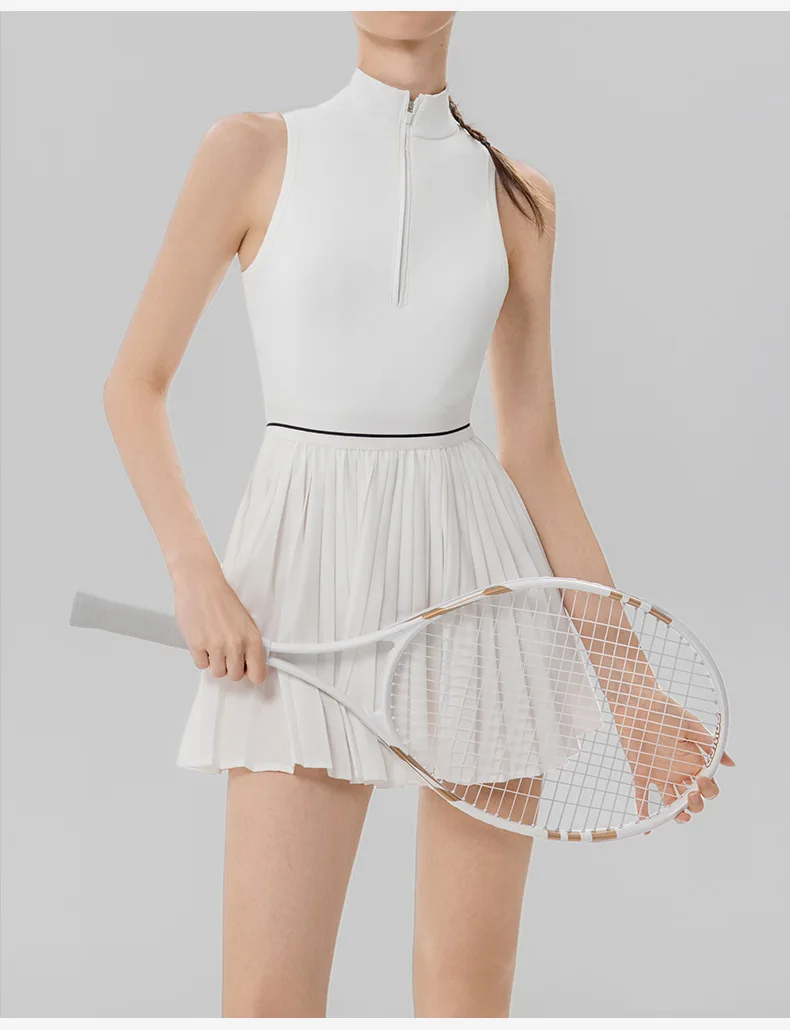 Damen-Tenniskleid mit Reißverschluss, Polokragen, integriertem BH und kurzen Ärmeln, atmungsaktives, ärmelloses Golf- und Sportkleid, schnelltrocknend, dehnbar, ideal für sportliche Aktivitäten. – Detail 2