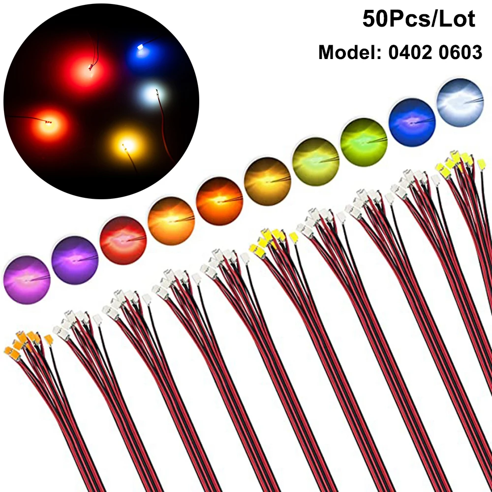 

Светодиодная SMD лампа 0402 0603 для поезда, 50 шт./партия, масштаб HO N OO, предварительно припаянная красная черная линия, проводной чип Micro Litz для железной дороги, 30 см, 3 в