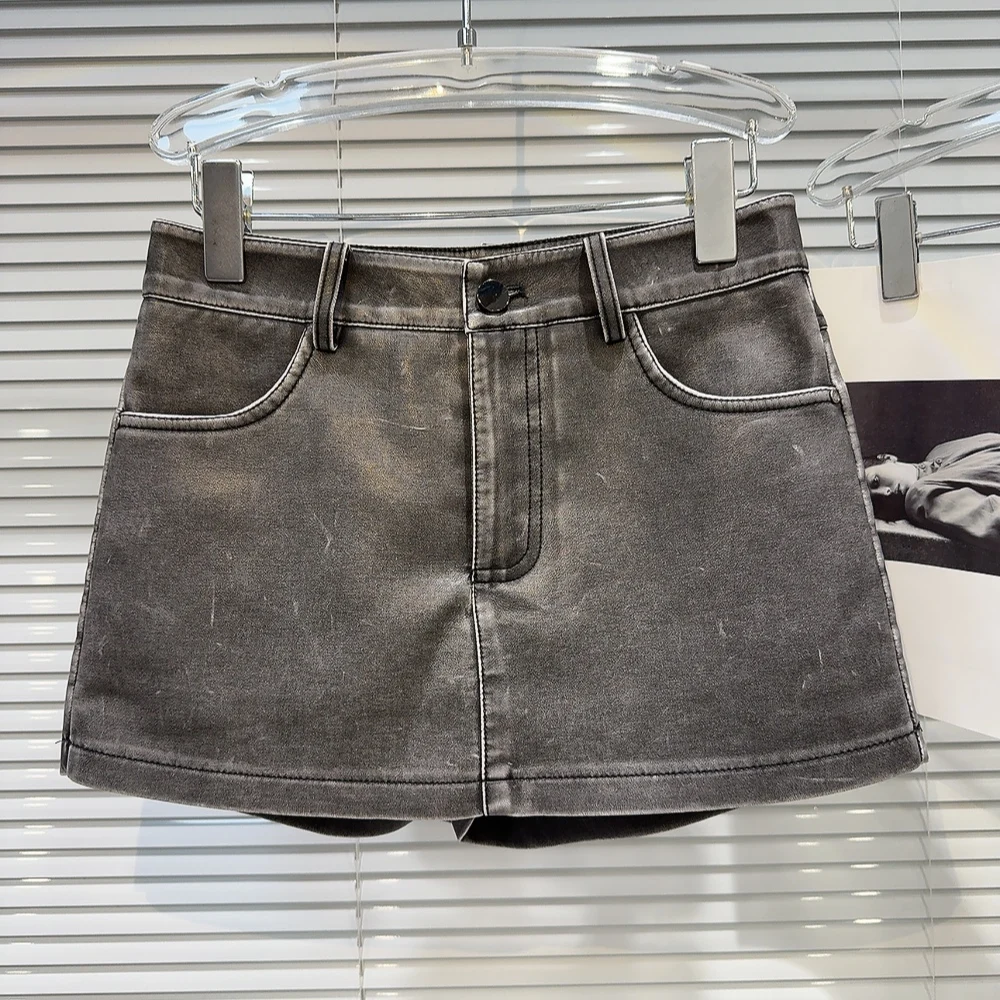 レトロなウェイドレザーの女性用スカート、アメリカンスタイルのトレンディなミモレ丈Aラインスカート、スタンドフィット、デイリーウェア、2025年冬