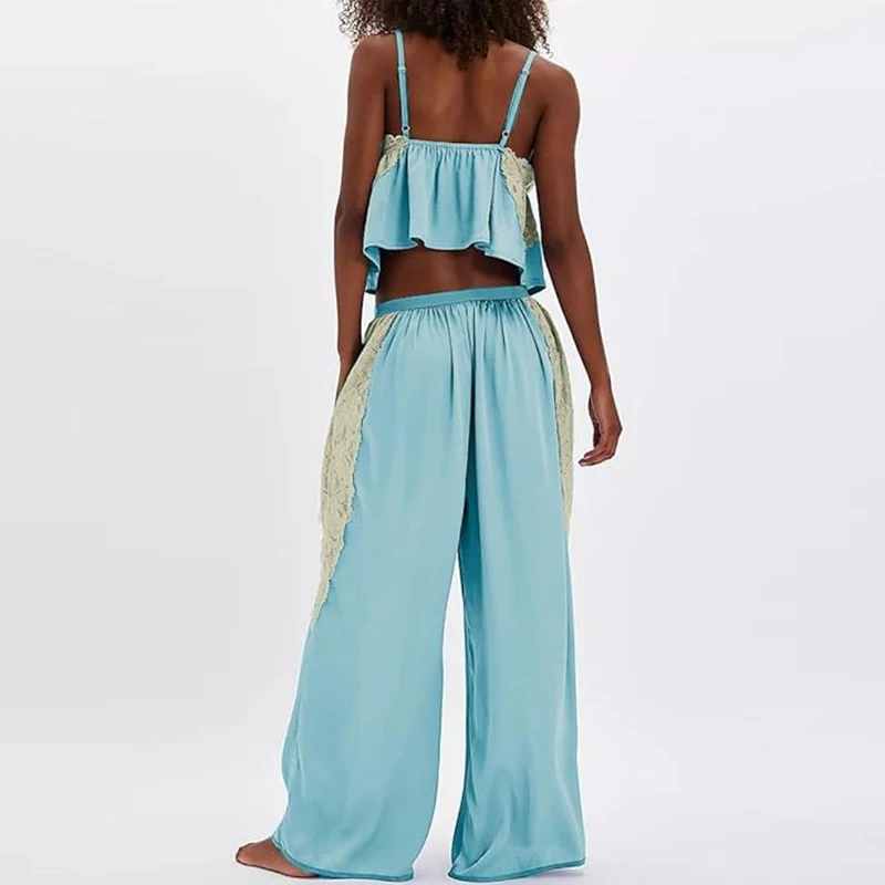 

Новые летние женские комплекты для дома без рукавов: элегантные ажурные наряды, модные контрастные цвета, топы с V-образным вырезом и кружевными бретелями-халтерами и брюки